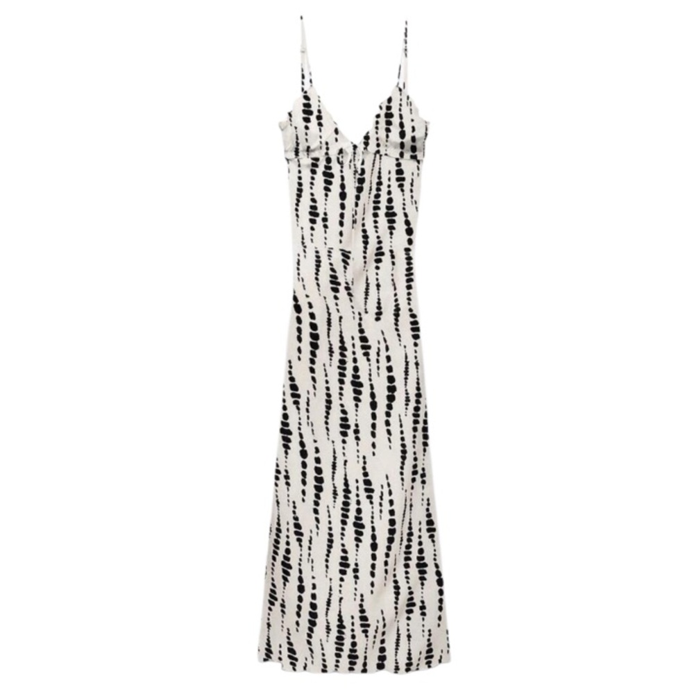 NEW CCB Black & White Dot Strappy Stretchy Maxi Lowcut Tie-Front Cutout Dress XS - Picture 10 of 10